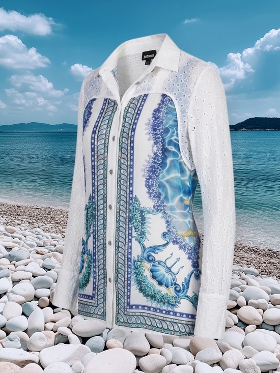 Just Cavalli Tops - Just Cavalli White Eyelet Button-Front Shirt with Blue Sea Print